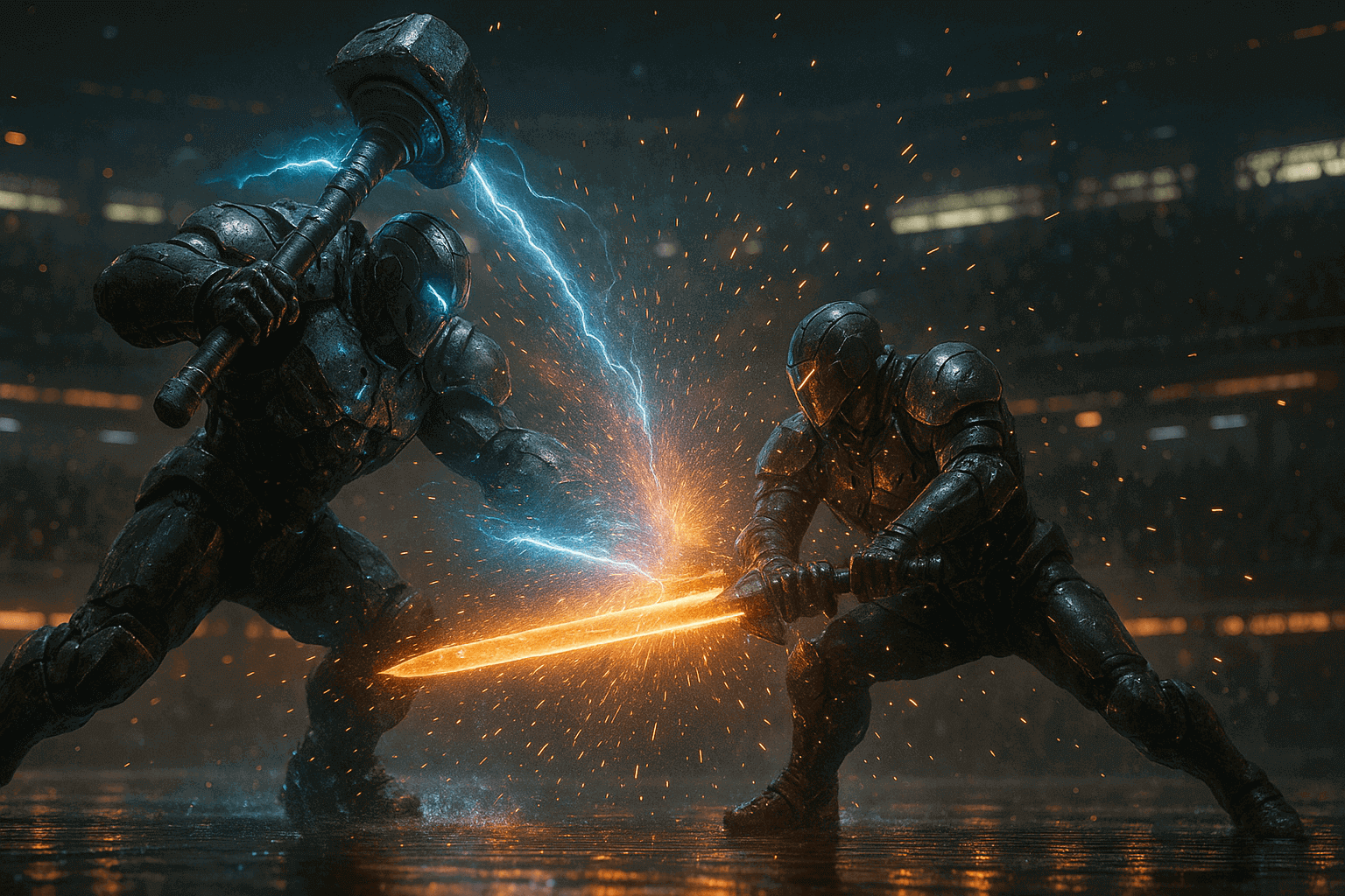 Two futuristic gladiators in combat